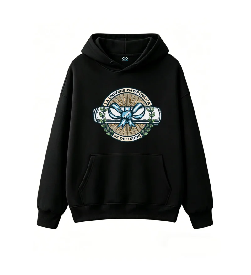 La Universidad Pública Se Defiende Vintage Woodcut Sunburst Blue Ribbon Diploma Laurel Hoodie
