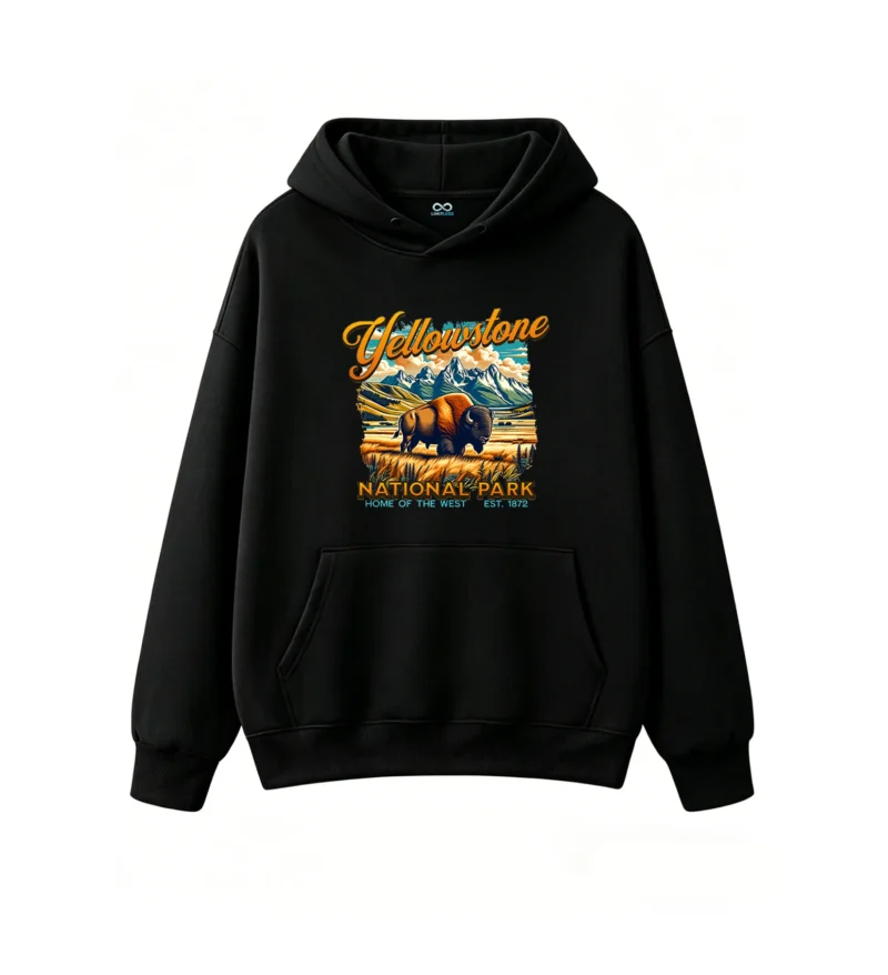 黑卫正 Yellowstone National Park Vintage Bison Graphic Hoodie