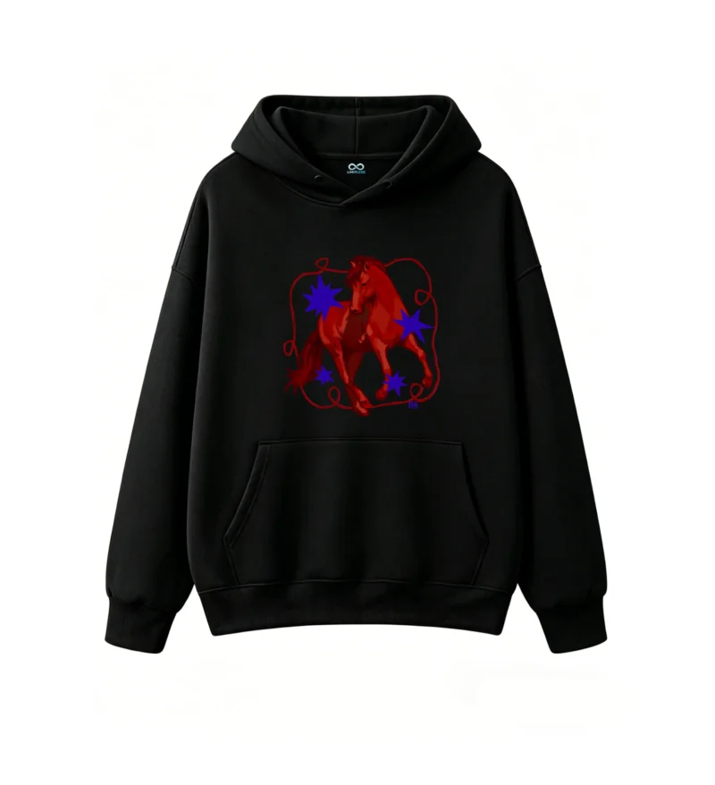 Stylized Red Horse with Blue Stars Abstract Art Hoodie