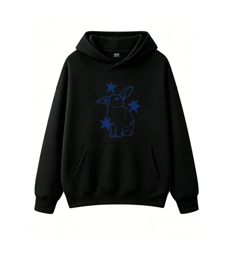 黑卫正 Stylized Blue Rabbit with Stars Outline Hoodie Minimalist Graphic Print Pullover