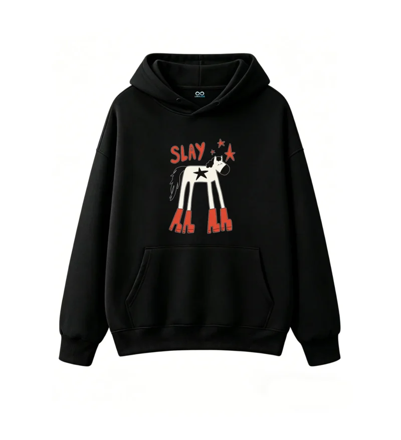 黑卫正 SLAY Horse with Red Boots & Star Graphic Hoodie Fun Cartoon Style Pullover Sweatshirt