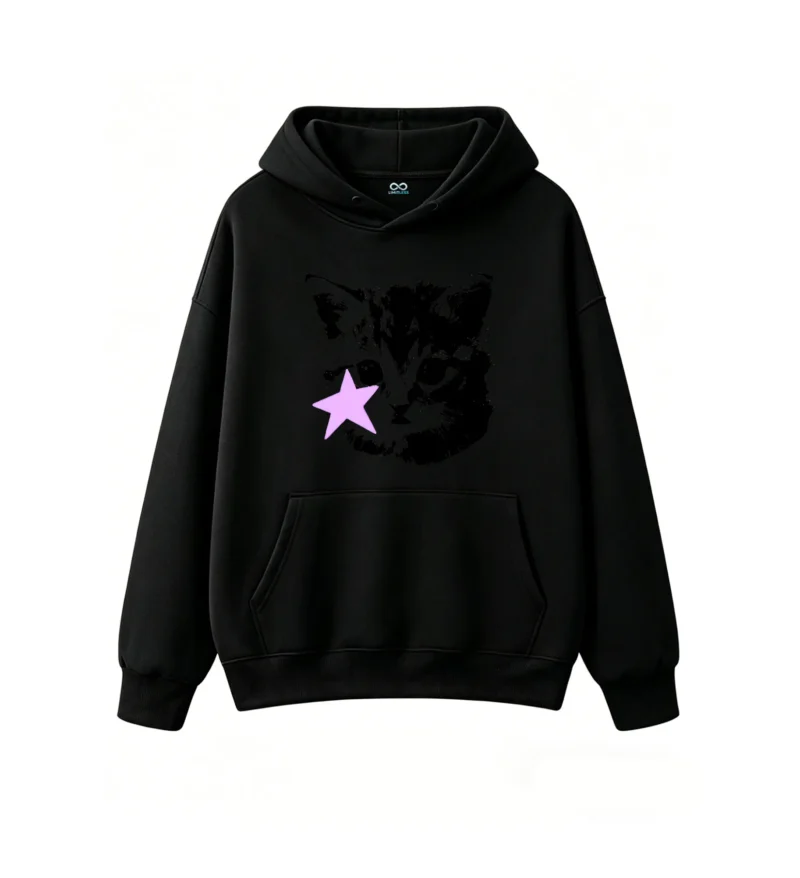 黑卫正 Surreal Neon Cat & Purple Star Graphic Hoodie