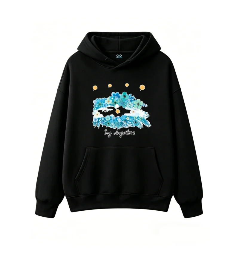 黑卫正 Soy Argentino Floral Daisy Blue Teal Roses Hydrangea Artistic Brushstroke Design - Premium Cotton Blend Unisex Hoodie