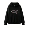 Whimsical Abstract Cat with Glowing Pink Outlines and Dual Curved Tails on Black Background - Premium Soft Cotton Hoodie