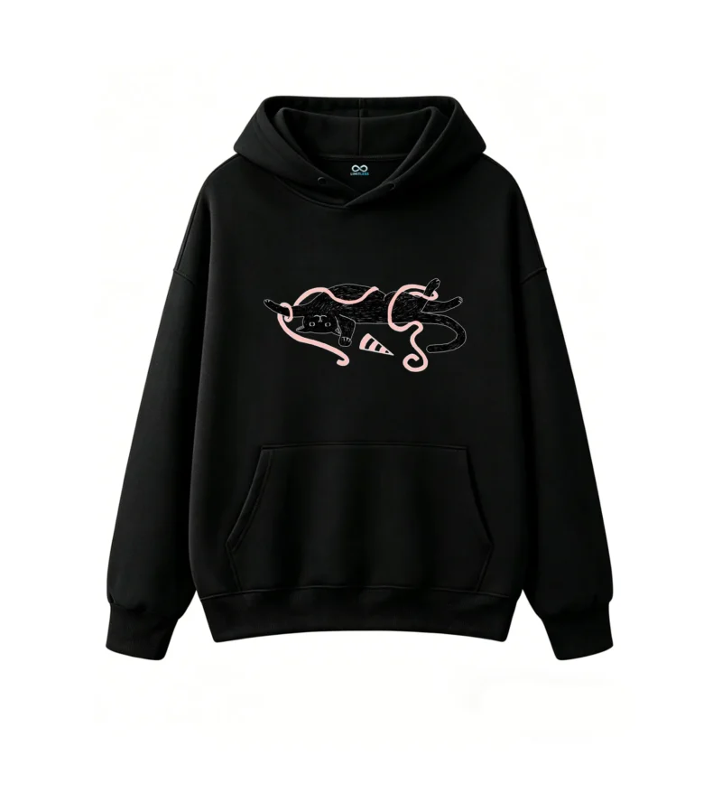 Whimsical Abstract Cat with Glowing Pink Outlines and Dual Curved Tails on Black Background - Premium Soft Cotton Hoodie