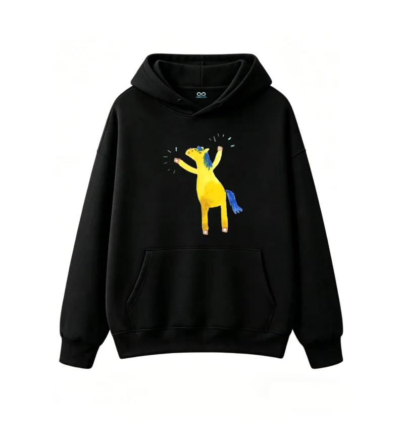 黑卫正 Whimsical Happy Yellow Horse with Blue Mane Dancing Cartoon Hoodie