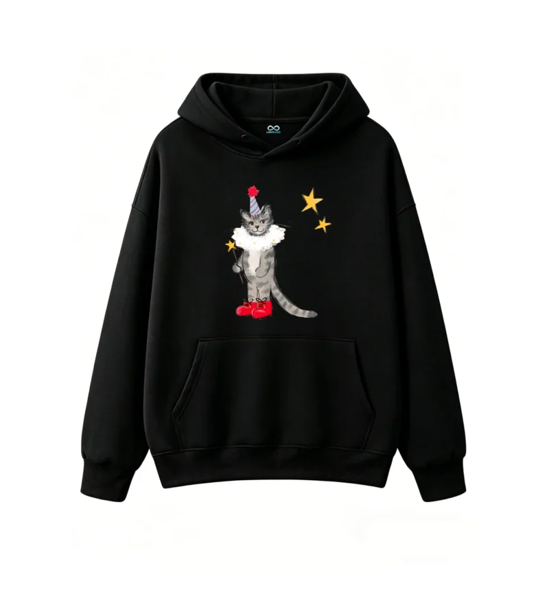 Whimsical Grey Tabby Cat Magician with Star Wand and Ruffled Collar - Cozy Oversized Hoodie for Cat Lovers