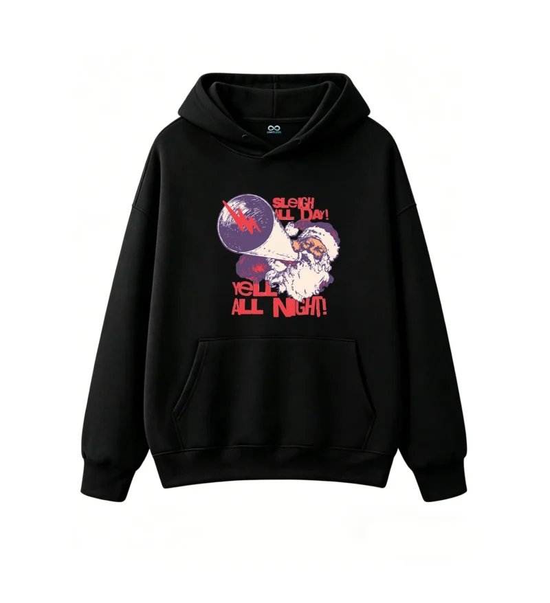 黑卫正 Sleigh All Day Yell All Night Punk Rock Santa Claus Megaphone Graphic Print Hoodie