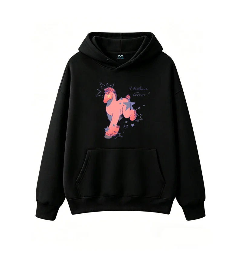 黑卫正 Magical Pink Horse With Blue Mane And Tail New Year Celebration Star Print Hoodie