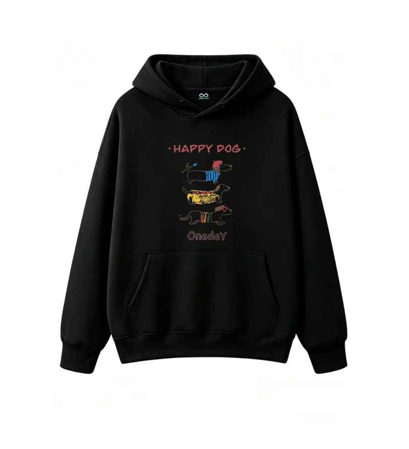 黑卫正 Happy Dog Hot Dog Dachshund Funny Cartoon Print Hoodie