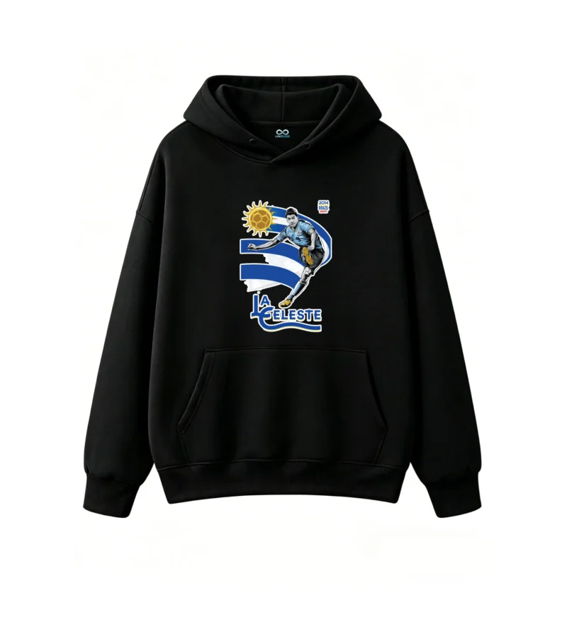 黑卫正 Vintage Sky Blue and White Striped Graphic Sweatshirt with Golden Sunburst Emblem, Soft Cotton Blend, Casual Streetwear for Football Fans - Perfect Gift for Uruguay Supporters