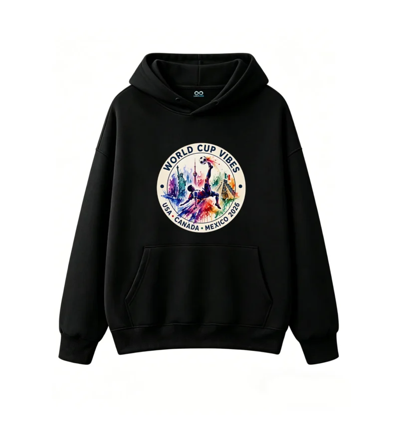 2026 World Cup Vibes USA Canada Mexico Watercolor Soccer Player Bicycle Kick Landmarks Graphic Print - Premium Cotton Blend Men's Women's Unisex Hoodie