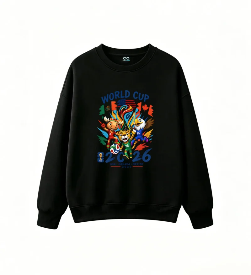 黑卫正 2026 FIFA World Cup USA Canada Mexico Mascots Moose Jaguar Eagle Vibrant Colorful Crew Neck Sweatshirt