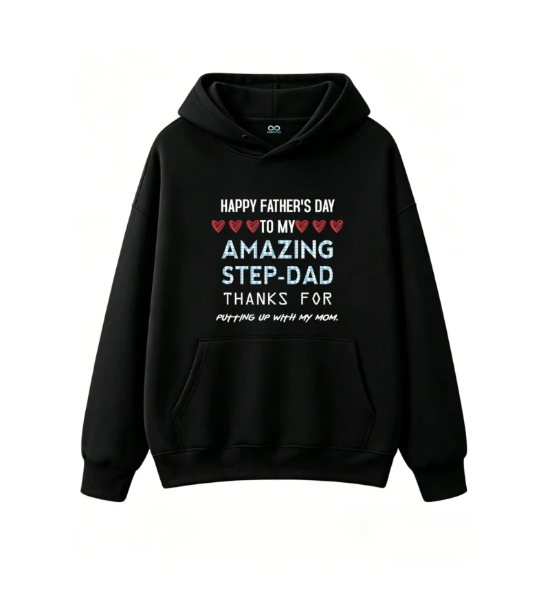 黑卫正 Happy Father's Day to My Amazing Step Dad - Funny Graphic Hoodie with Checkered Pattern and Heart Design