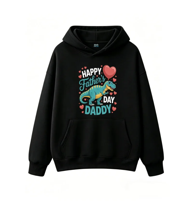 黑卫正 Happy Father's Day T-Rex Dinosaur Graphic Hoodie - Cozy Pullover Sweatshirt with Colorful Heart Design