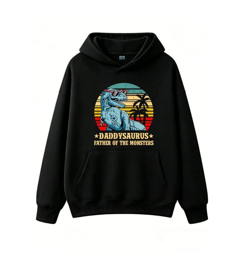 黑卫正 Daddysaurus Father of the Monsters Retro T-Rex with Sunglasses 70s 80s Vintage Style Graphic Hoodie