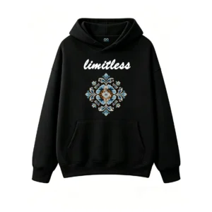 黑卫正 Ornate Floral Mandala Eye Motif Symmetrical Baroque Blue Gold Black Print - Premium Soft Cotton Blend Pullover Hoodie