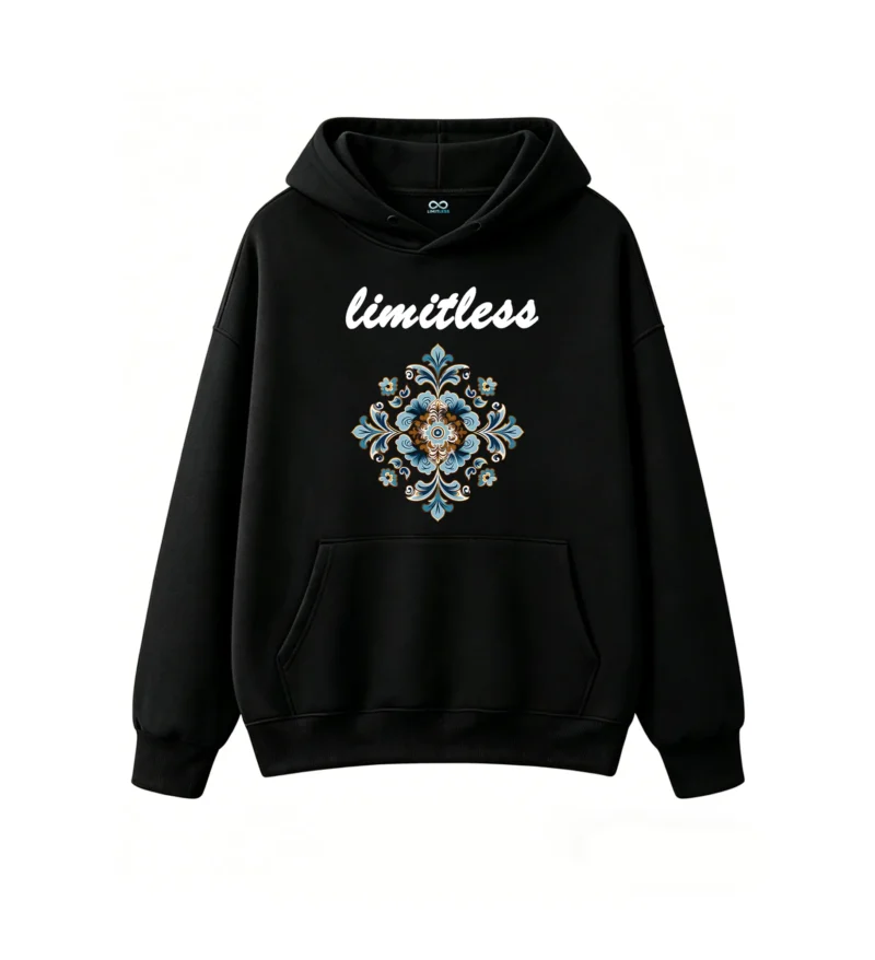 黑卫正 Ornate Floral Mandala Eye Motif Symmetrical Baroque Blue Gold Black Print - Premium Soft Cotton Blend Pullover Hoodie