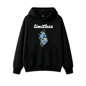 Cozy Oversized Floral Blue White Blossoms Black Background Hoodie