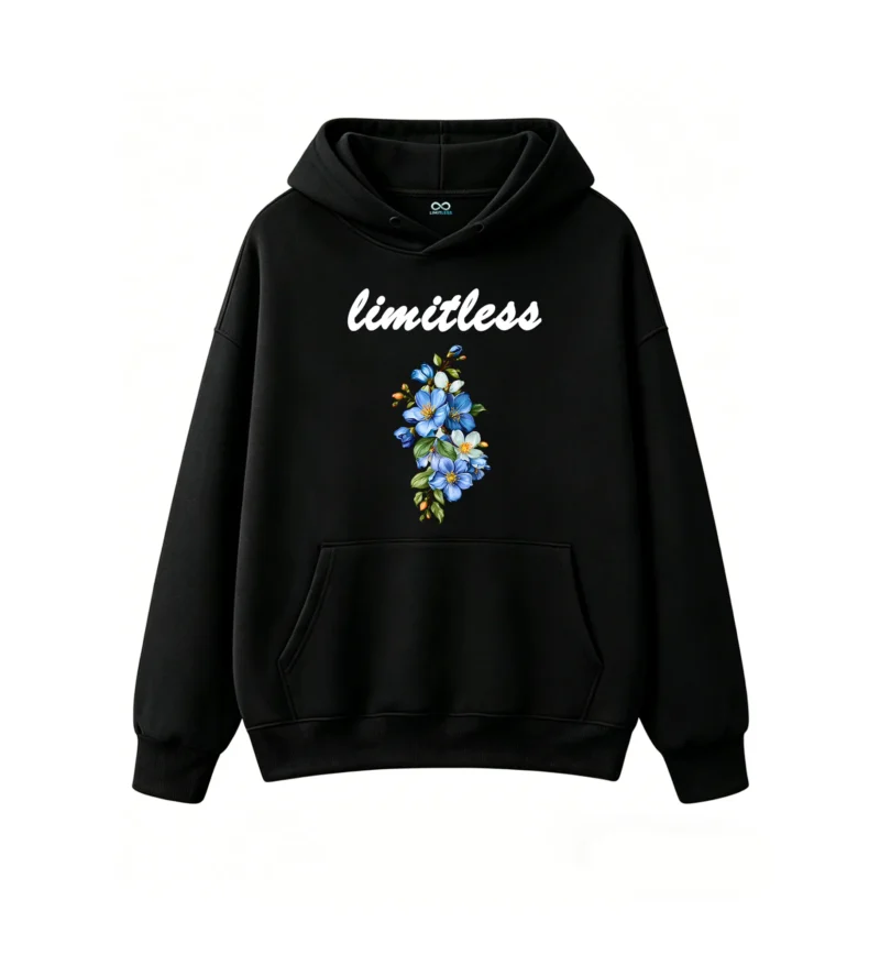 黑卫正 Cozy Oversized Floral Blue White Blossoms Black Background Hoodie