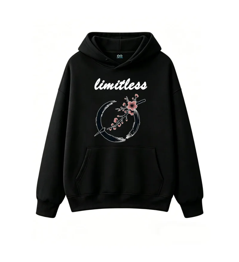 黑卫正 Minimalist Artistic Sakura Branch and Blue Brushstroke Circle Hoodie