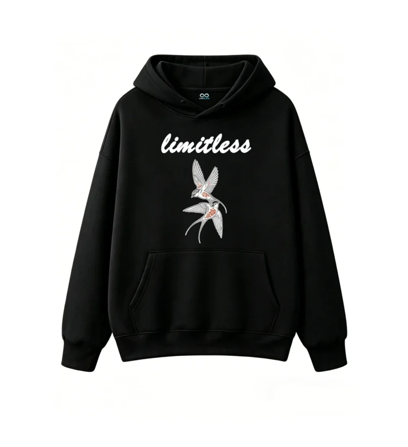 黑卫正 Elegant Black Birds with Red Floral Filigree Hoodie
