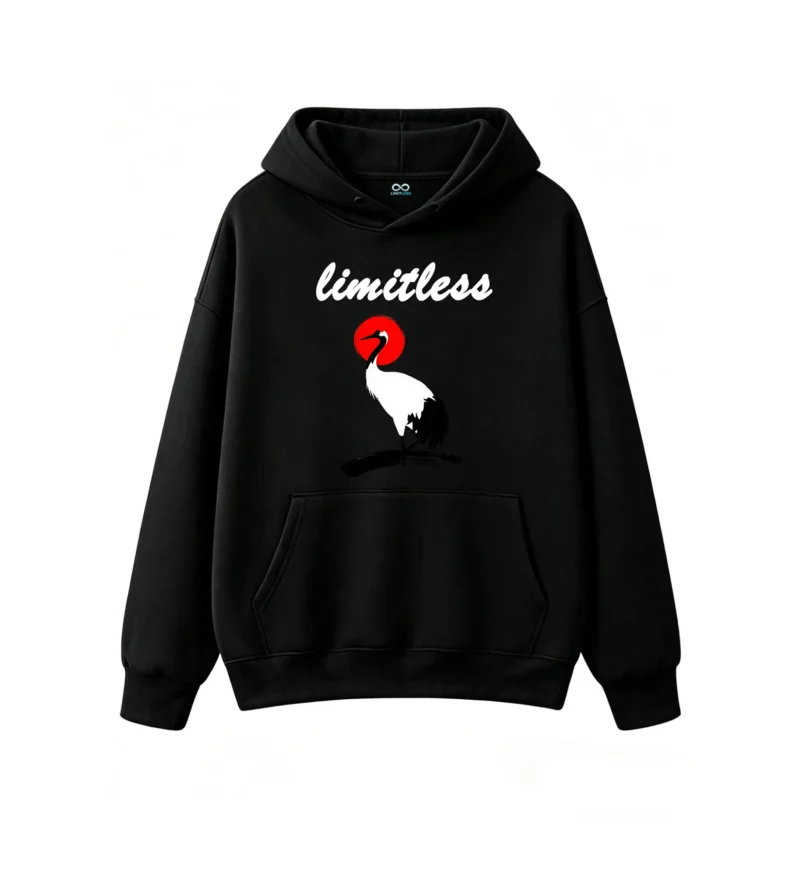 黑卫正 Stylized Crane Bird Red Sun Graphic Hoodie
