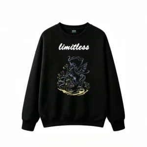 Winged Horse Pegasus Mythical Creature Floral Wildflowers Sketchy Hand-Drawn Neon Blue Ethereal Dreamlike Fantasy Art - Casual Crew Neck Oversized Sweatshirt