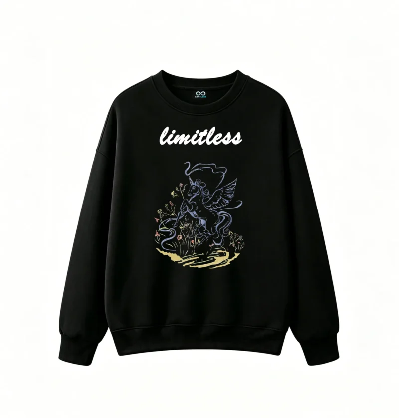 Winged Horse Pegasus Mythical Creature Floral Wildflowers Sketchy Hand-Drawn Neon Blue Ethereal Dreamlike Fantasy Art - Casual Crew Neck Oversized Sweatshirt