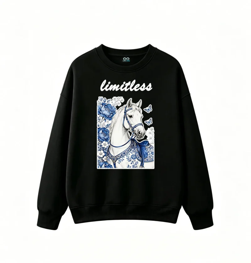 黑卫正 Magical Starry Night White Horse with Blue Peonies and Butterflies - Unisex Heavyweight Cotton Hoodie