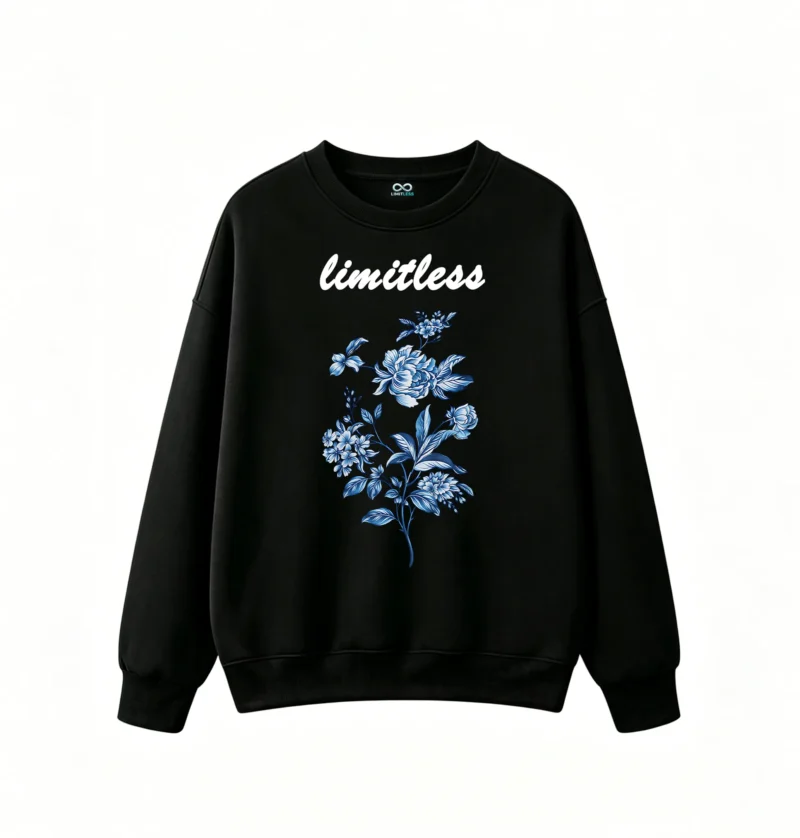 黑卫正 Elegant Blue Floral Porcelain Style Unisex Hoodie