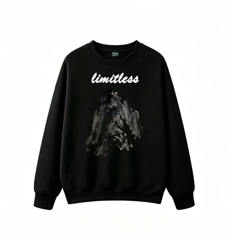 黑卫正 Abstract Charcoal Mountain Silhouette Hooded Figure Art Print - Cool Tone Ink Wash Graphic Design Sweatshirt