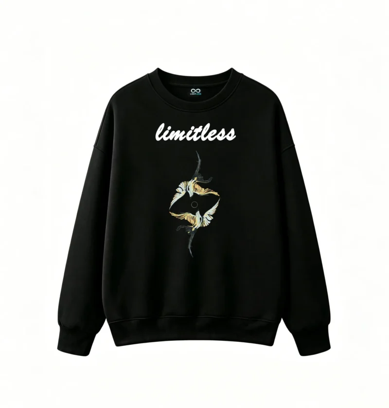 黑卫正 Stylized Golden Ring and Winged Pinwheel Abstract Art - Modern Black Background Crewneck Sweatshirt