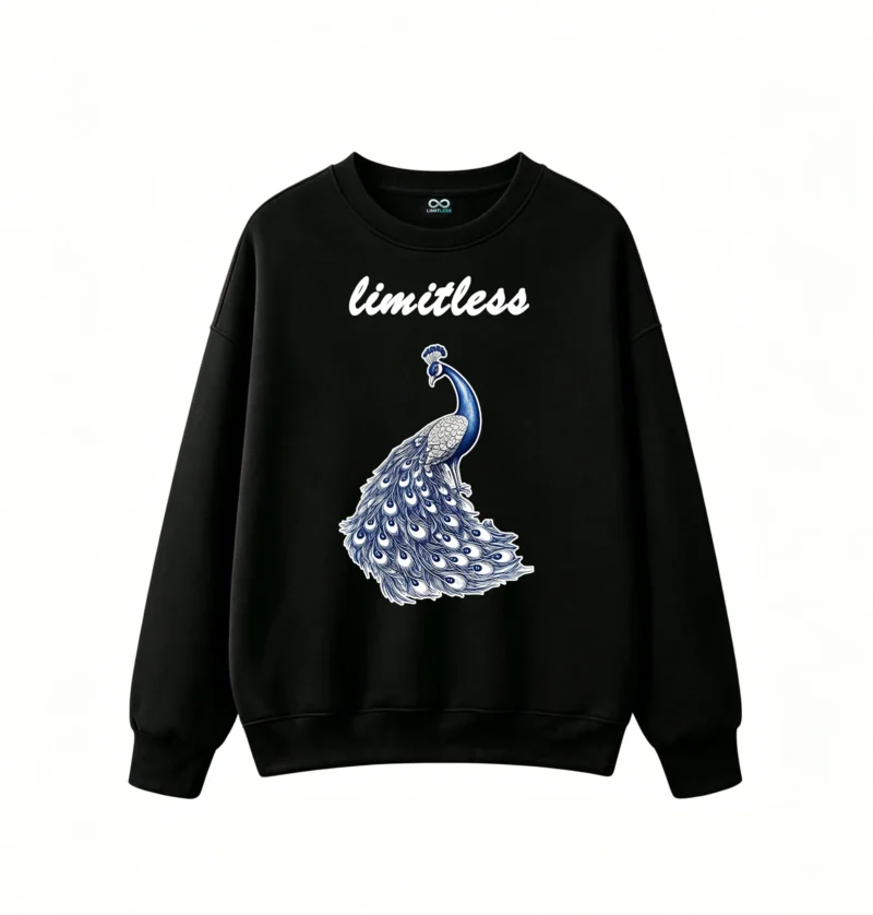 黑卫正 Stylized Blue and White Monochromatic Peacock with Flowing Tail Train and Jewel-Like Metallic Texture - Unisex Oversized Crew Neck Sweatshirt