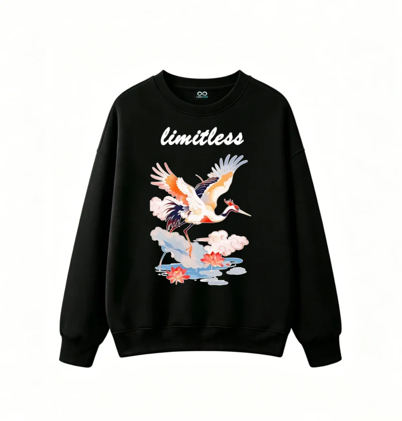 黑卫正 Stylized Two Cranes in Flight with Lotus Flowers and Clouds on Black Background - Unisex Graphic Hoodie