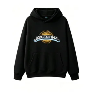 Bold Golden Sunburst with Wavy Rays, Black and Blue White Stripes Design, Patriotic Insignia Sweatshirt for Men Women, Casual Streetwear Gift for Argentine Fans