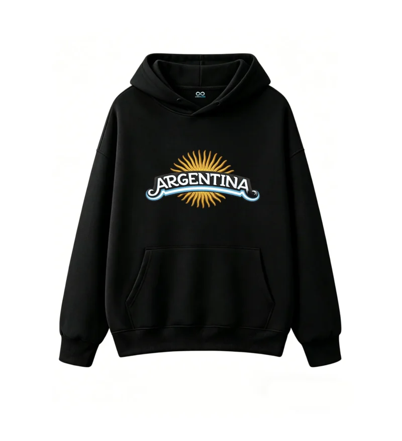 黑卫正 Bold Golden Sunburst with Wavy Rays, Black and Blue White Stripes Design, Patriotic Insignia Sweatshirt for Men Women, Casual Streetwear Gift for Argentine Fans