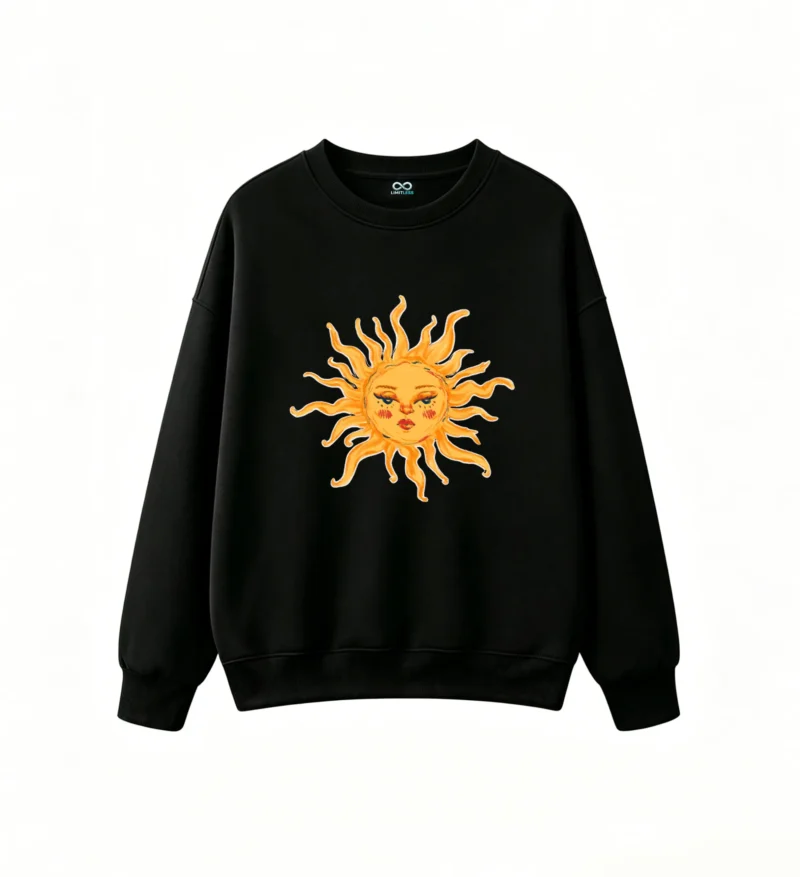 Hei Wei Zheng Sudadera casual de cuello redondo extragrande con diseño de calcomanía de un sol antropomórfico y divertido, para hombres y mujeres