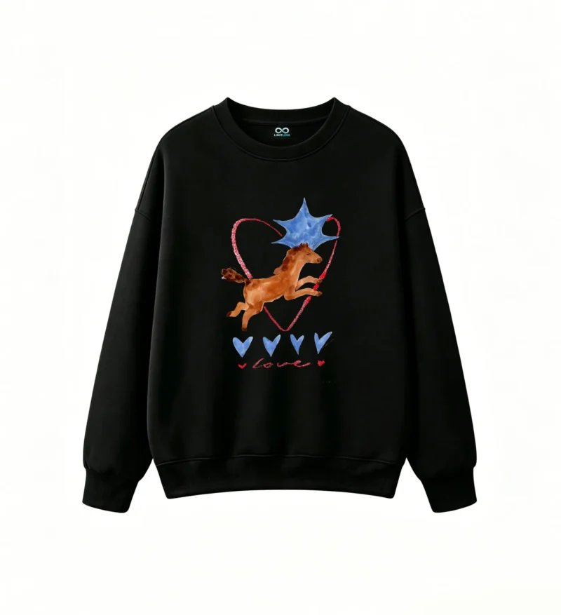 Whimsical Leaping Horse and Blue Star with Glowing Red Heart Outline "Love" Cursive Script Cozy Crew Neck Sweatshirt for Men Women