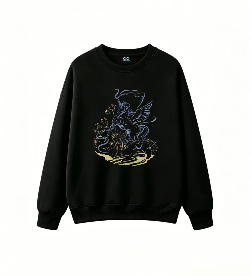 黑卫正 Fantasy Mythical Winged Unicorn Horse with Colorful Flowers and Smoke Abstract Art Casual Crew Neck Sweatshirt