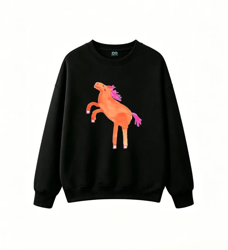 Sudadera unisex con capucha de algodón suave, con un divertido dibujo de un caballo naranja encabritado con crin y cola rosas