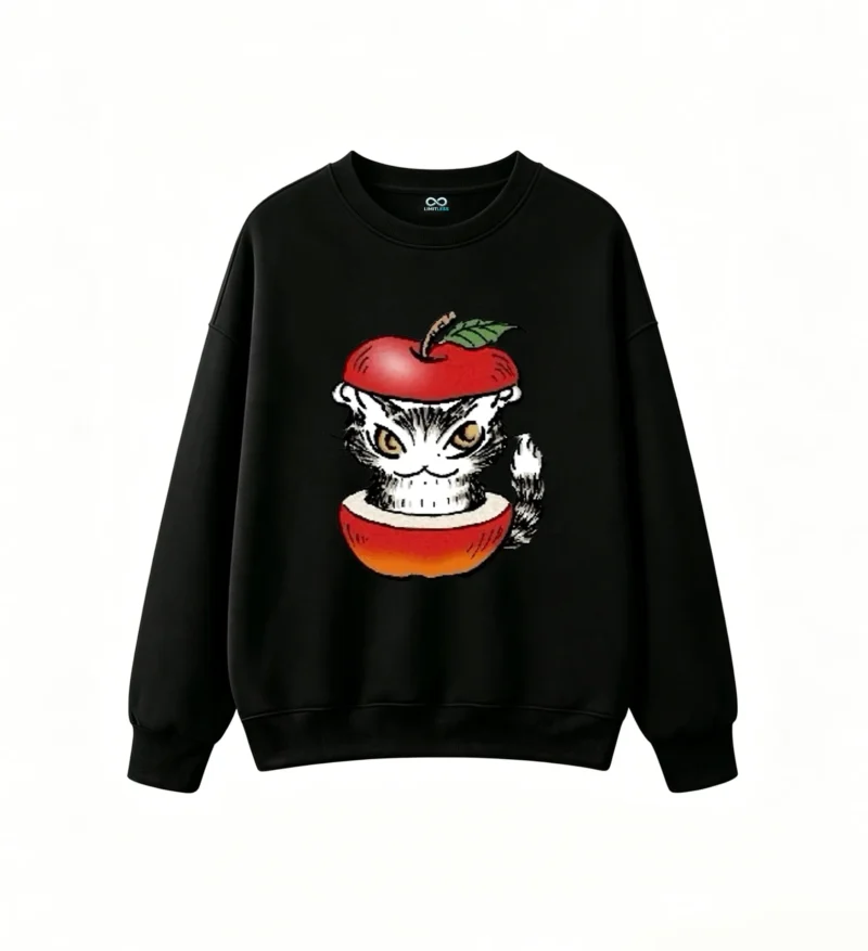 黑卫正 Cat Emerging from Sliced Red Apple with Black and White Striped Coat and Intense Yellow Eyes Funny Cartoon Graphic Hoodie,