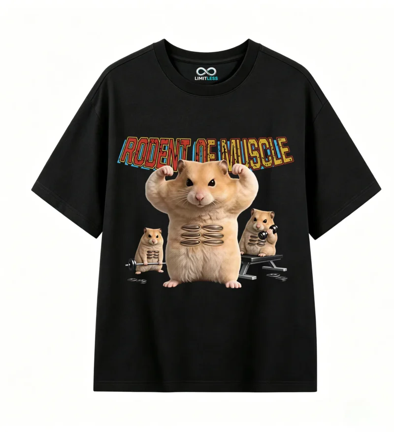 Remera hámster musculoso, estampado frontal oversize algodón