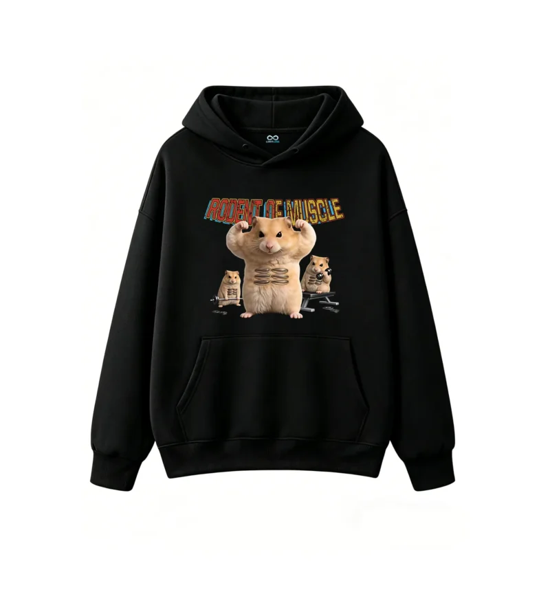 1 Buzo capucha hámster gym, estampado frontal oversize unisex