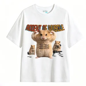 3 Remera hámster musculoso, estampado frontal oversize algodón