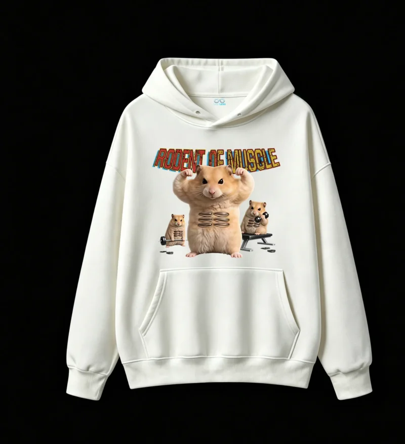 3 Buzo capucha hámster gym, estampado frontal oversize unisex