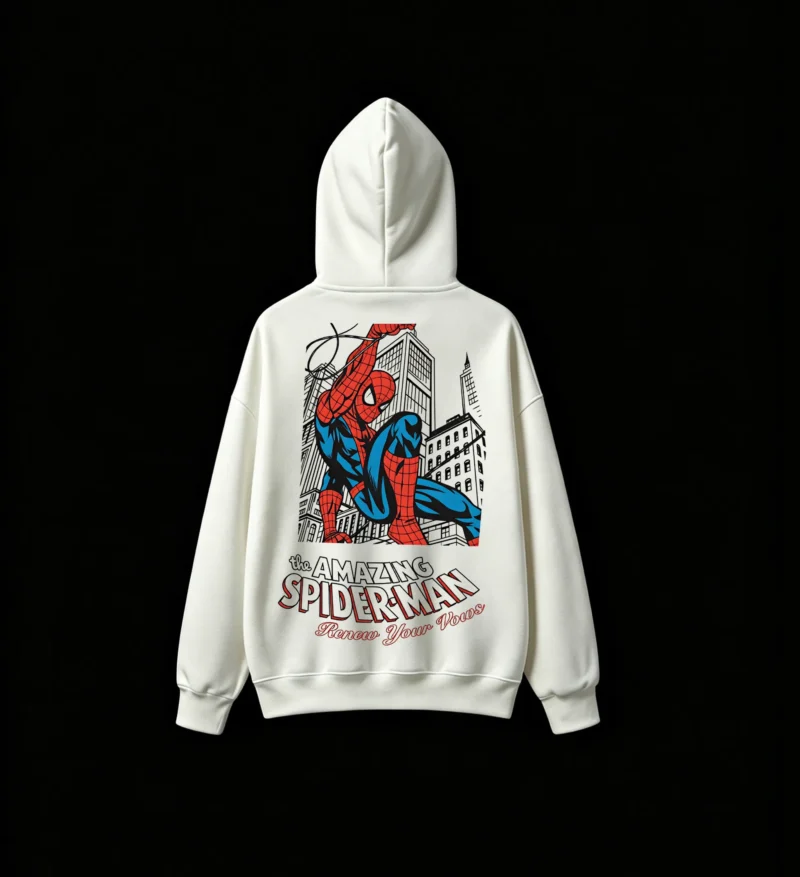 4 Buzo capucha Spiderman, doble estampado oversize algodón