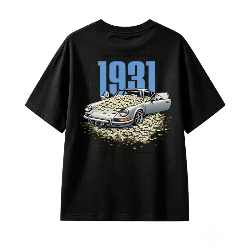 VINTAGE 1931 SPORTS CAR DAISY BACK PRINT T-SHIRT