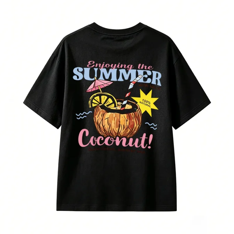 Enjoying The Summer Coconut Print Back Graphic T-Shirt
