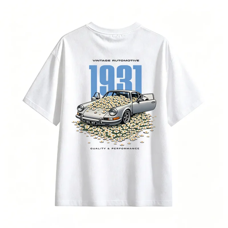 VINTAGE 1931 SPORTS CAR DAISY BACK PRINT T-SHIRT
